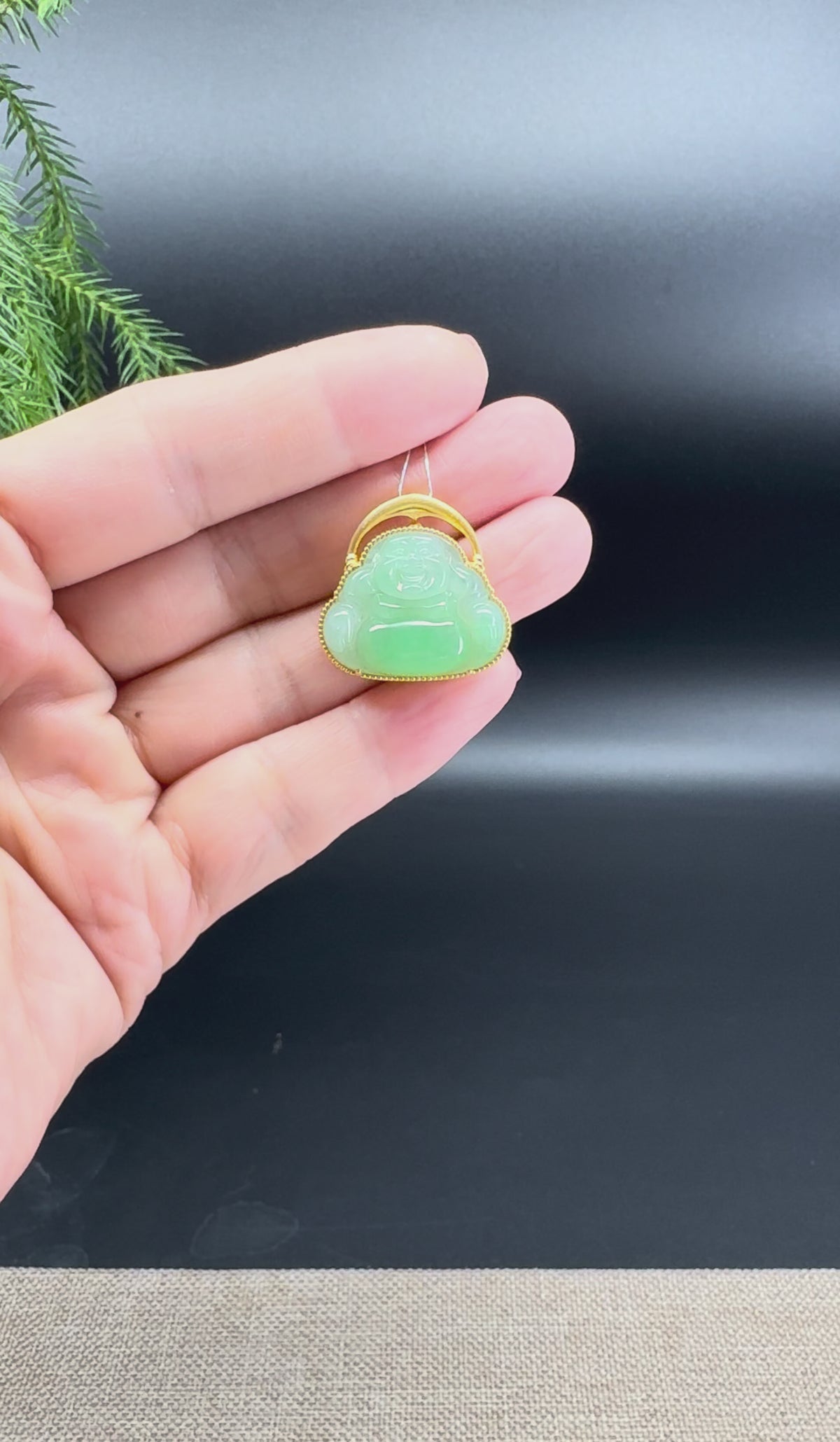 18K Yellow Gold Burmese Green Jadeite Jade Happy Buddha Pendant