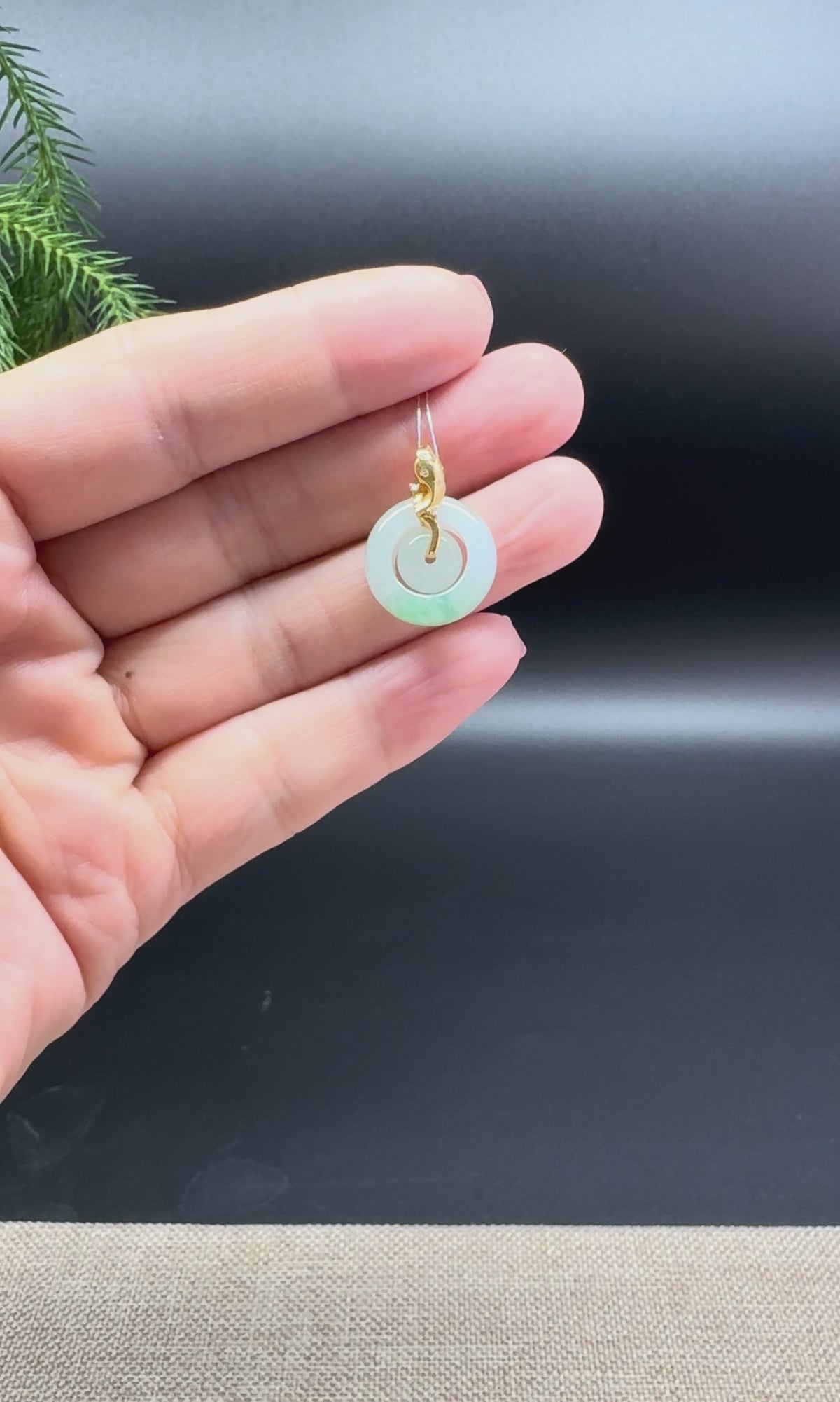"Good Luck Button" Light Green Jadeite Jade Mini KouKou Pendant With 18K Yellow Gold Diamonds Bail