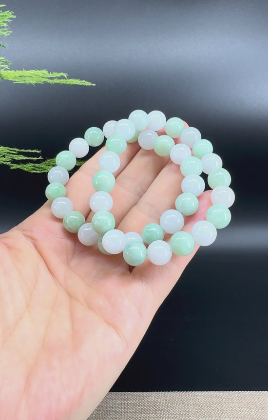 Load and play video in Gallery viewer, Natural Jadeite Jade Round White Green Beads Bracelet ( 9.5 mm )
