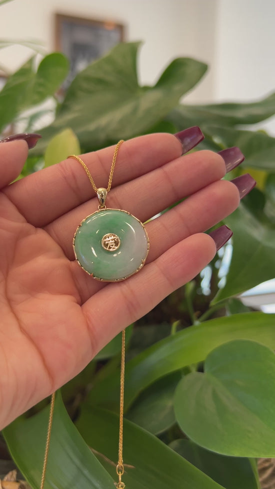 Load and play video in Gallery viewer, RealJade® Co. &amp;quot;Good Luck Button&amp;quot; Necklace Lavender Green Jadeite Jade Lucky KouKou Pendant Necklace
