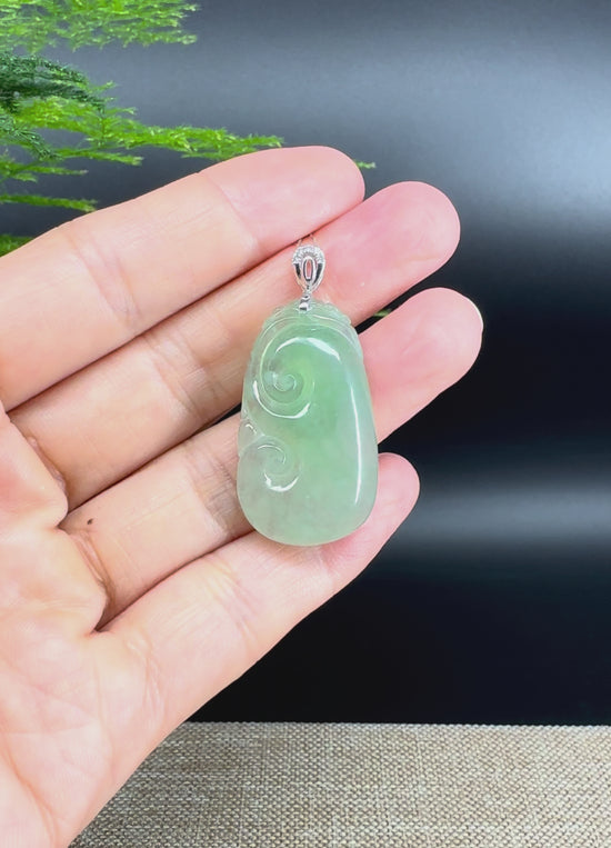 Load and play video in Gallery viewer, RealJade® Co. Genuine Icy green Jadeite Jade Good Luck RuYi Necklace With 18K White Gold Bail
