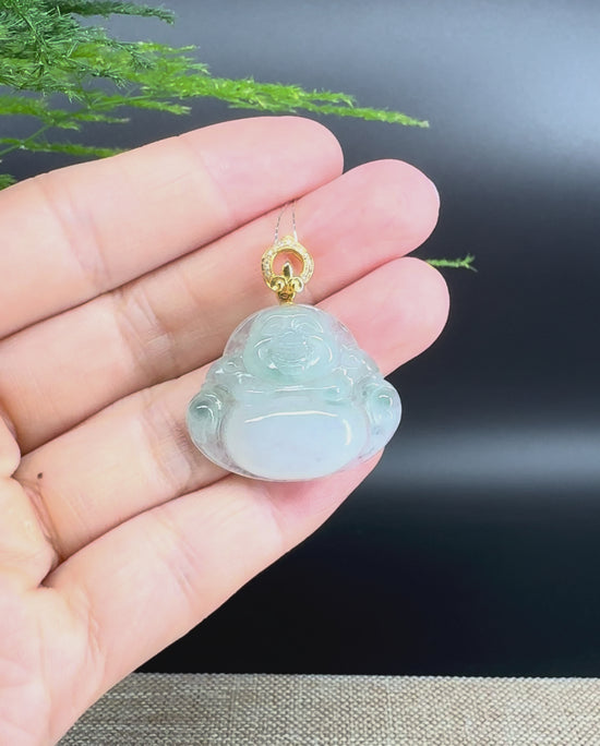Load and play video in Gallery viewer, 18K Yellow Gold Burmese Icy Green Jadeite Jade Happy Buddha Pendant
