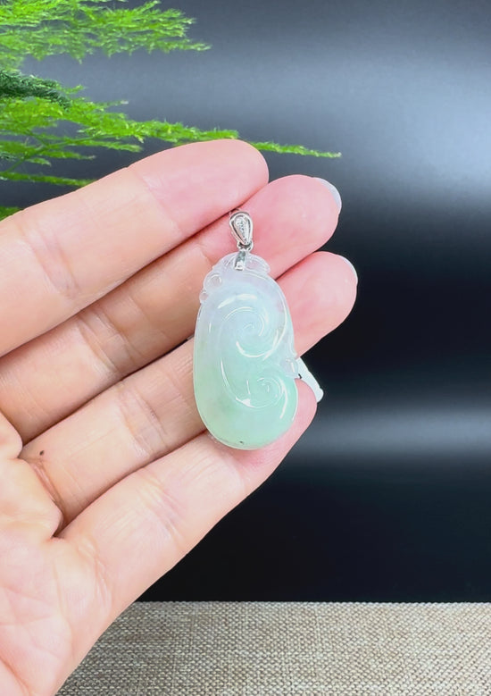 Load and play video in Gallery viewer, RealJade® Co. Genuine Icy green Jadeite Jade Good Luck RuYi  Necklace With 18K White Gold Bail
