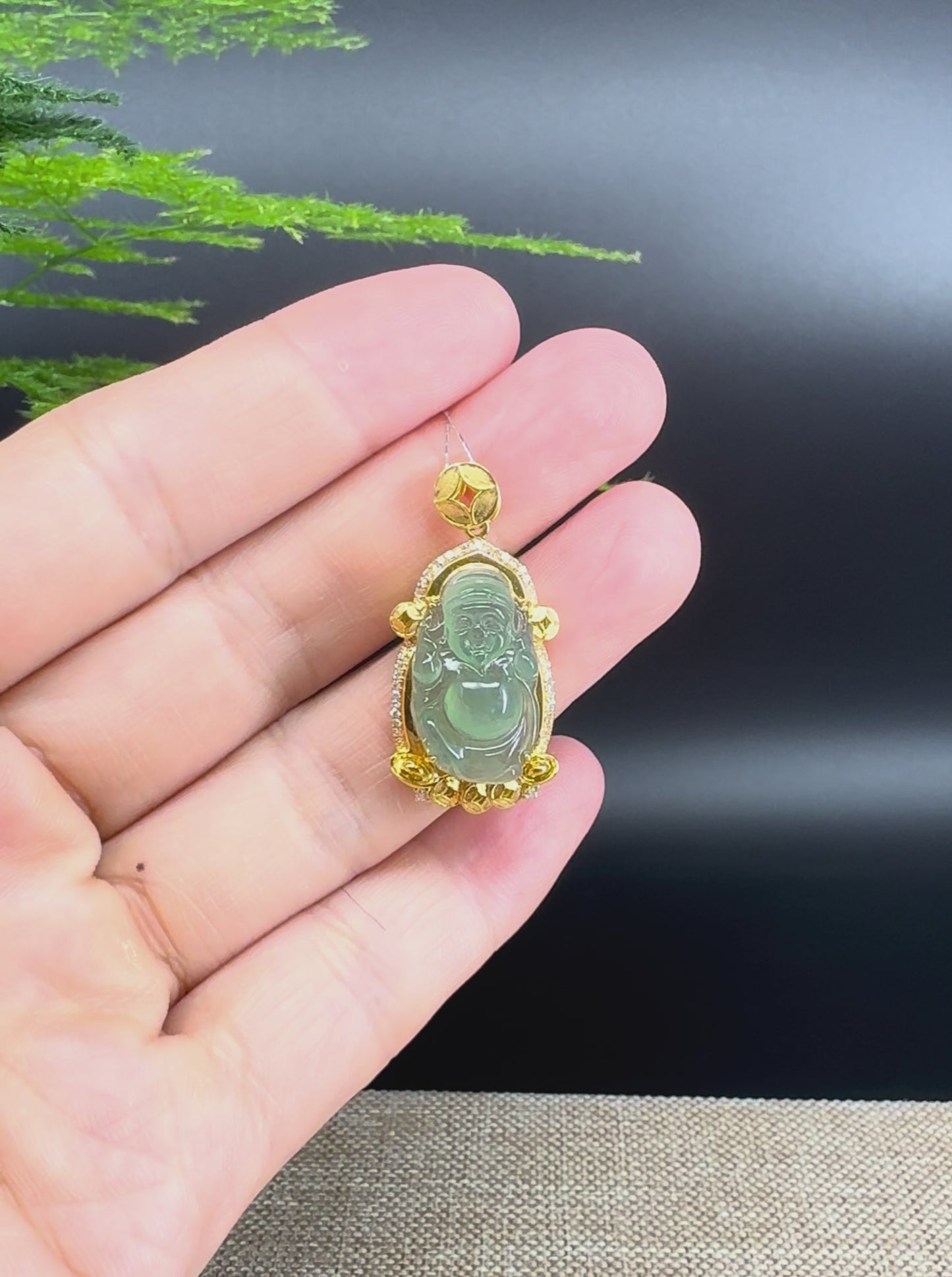 Load and play video in Gallery viewer, Burmese Icy Green Jadeite Jade Money Saint Pendant With 18K Yellow Gold  Diamonds Bail
