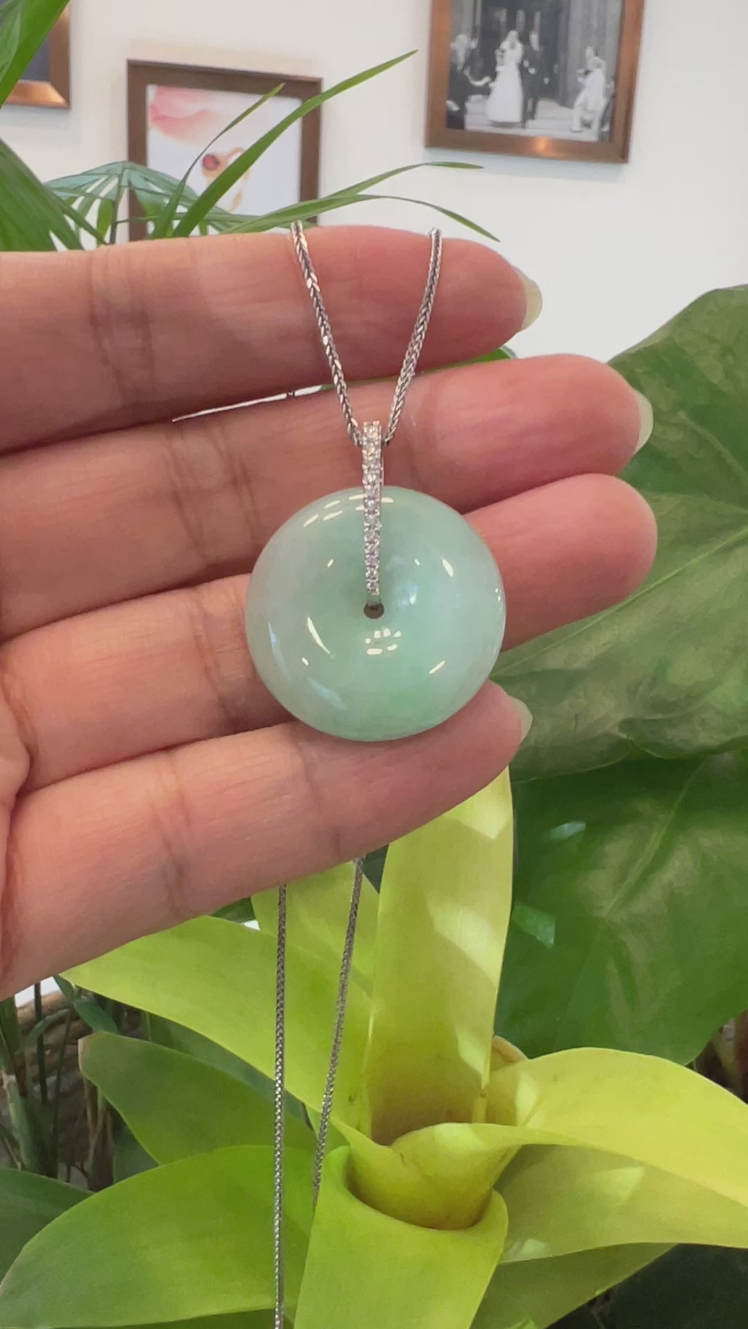 Load and play video in Gallery viewer, Genuine Green Jadeite Jade Lucky KouKou &amp;quot; Ping An Kou &amp;quot; Pendant With 14K White Gold Bail &amp;amp; Diamond In Center.
