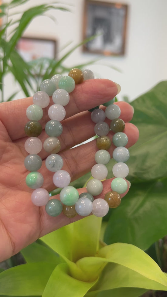 Load and play video in Gallery viewer, Genuine High Jadeite Jade Round Multiple Colors Beads Bracelet ( 9.5 mm)
