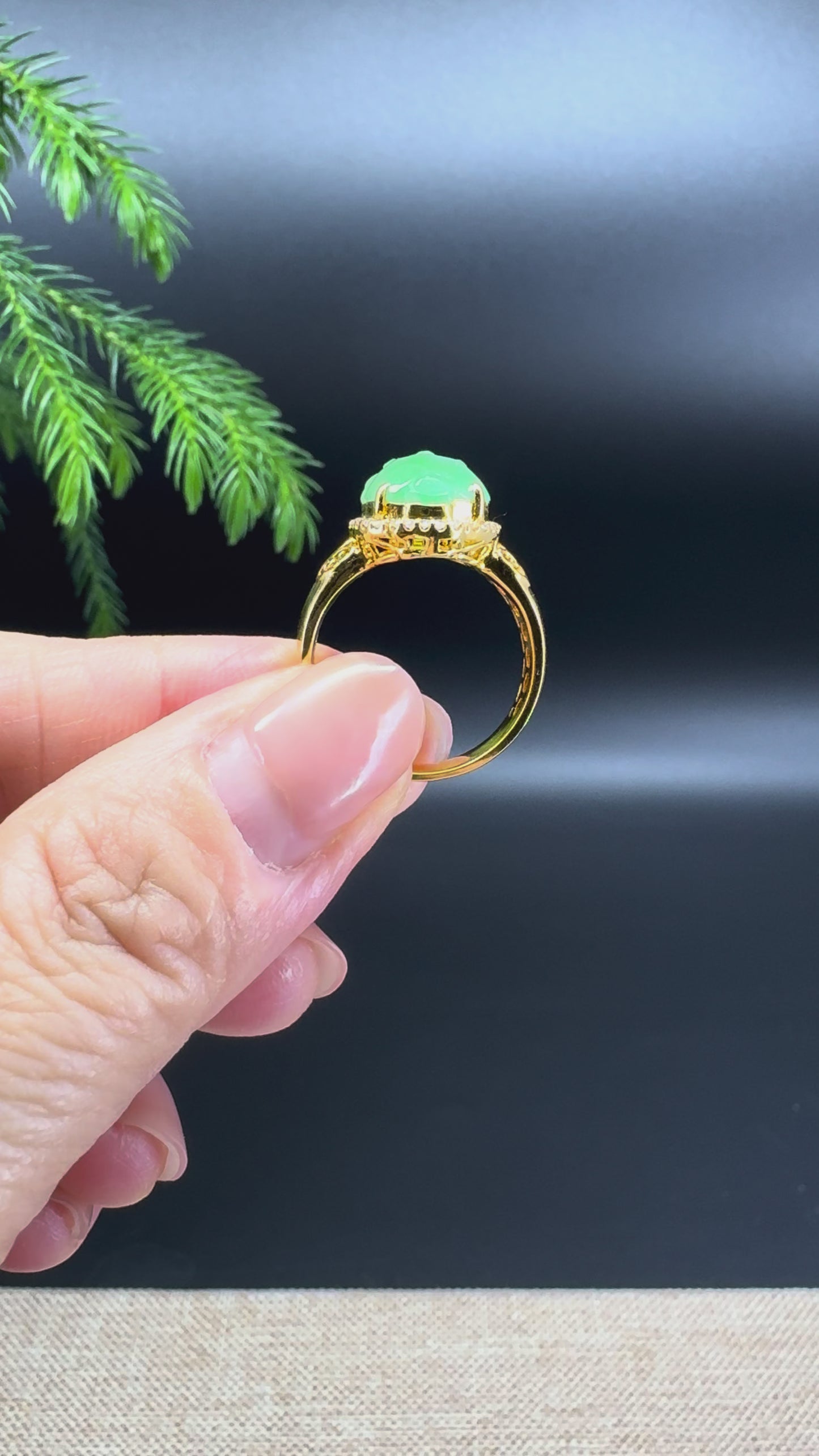 RealJade® "Signature Signet" 18K Yellow Gold Icy Green Jadeite Jade Diamonds Triangular Toad Ring