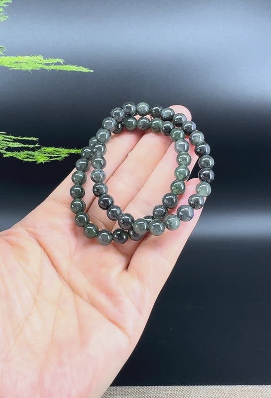 Load and play video in Gallery viewer, RealJade® Co. Genuine Jadeite Jade Round Black Beads Bracelet (6.9mm)
