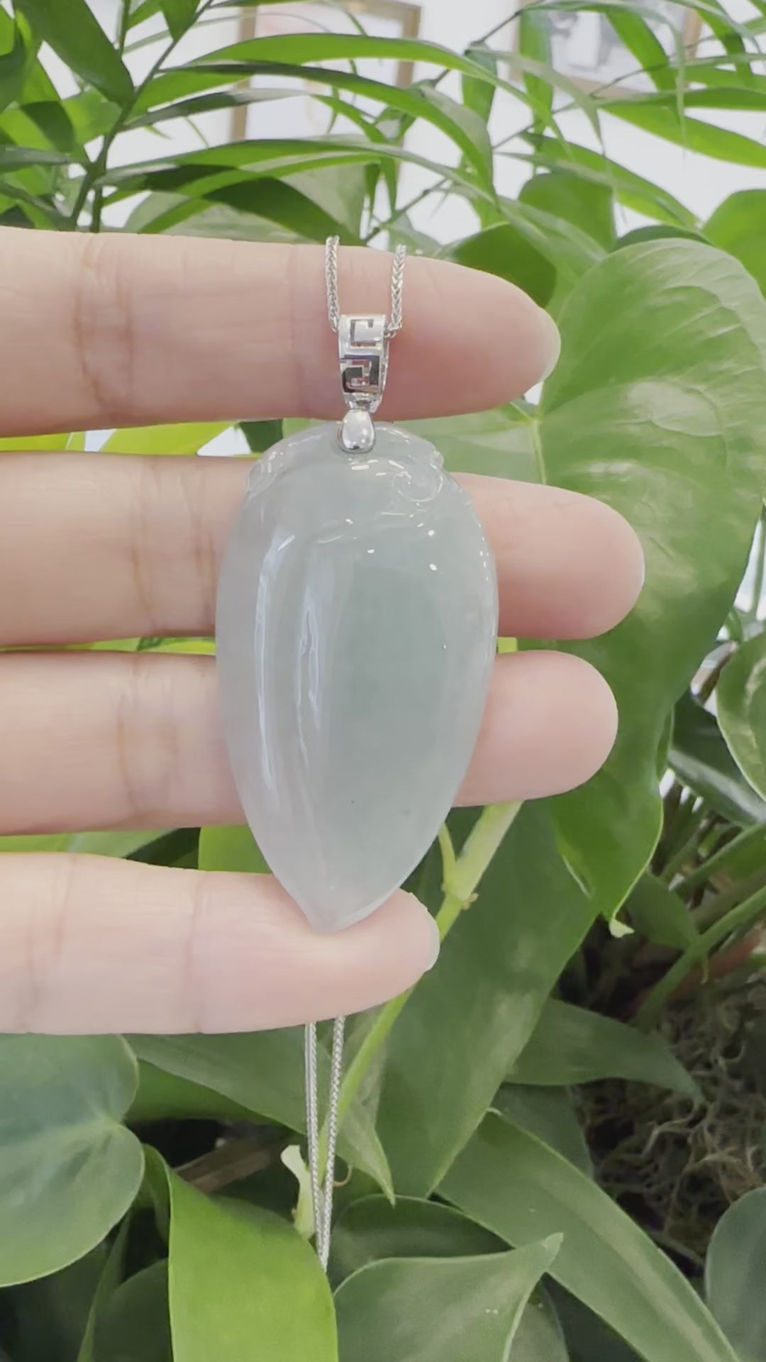 Load and play video in Gallery viewer, Natural Icy Jadeite Jade Shou Tao ( longevity Peach ) Necklace With 14k White Gold Bail
