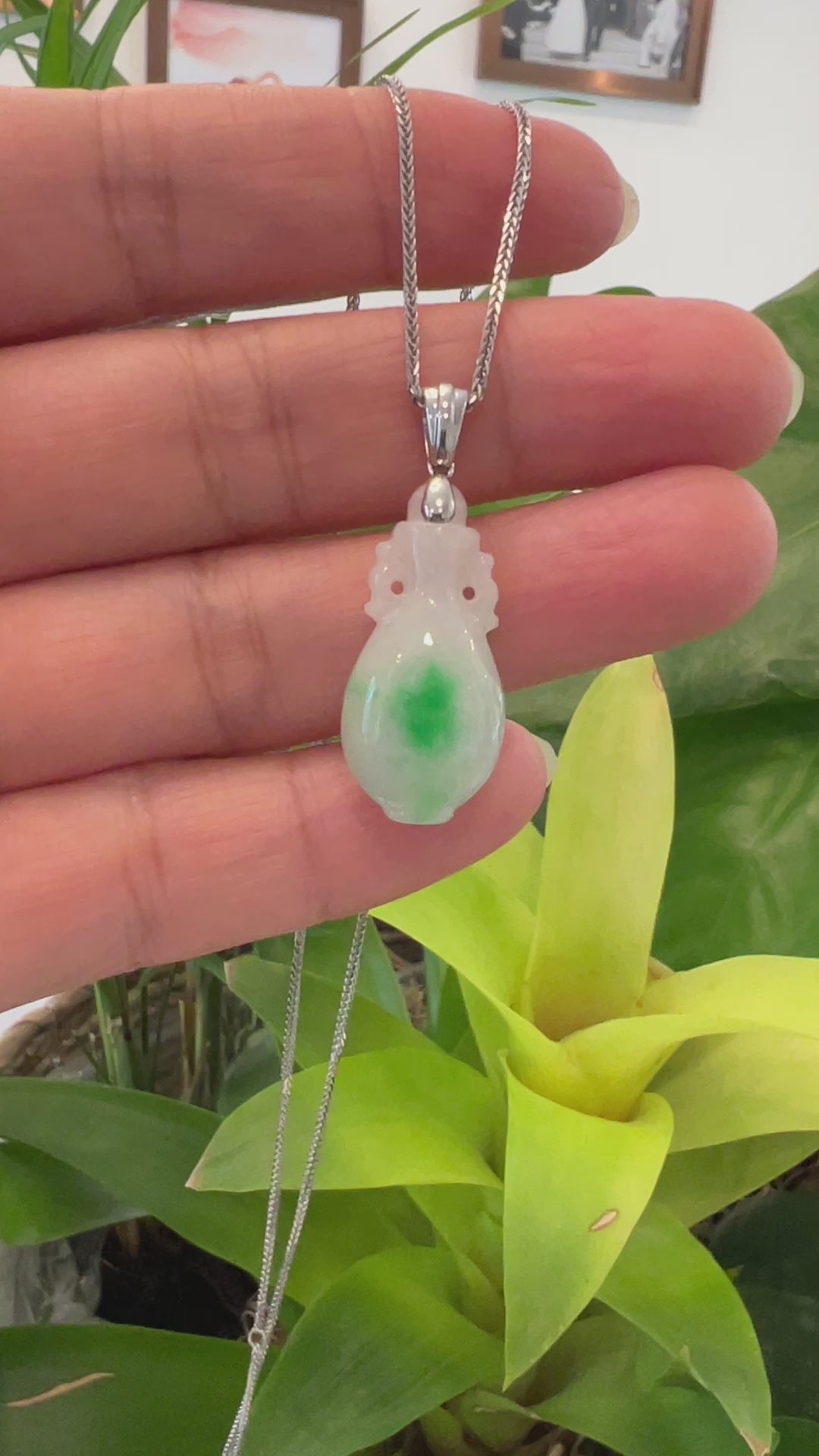 Load and play video in Gallery viewer, Natural Unique Jadeite Jade Lucky Bottle Necklace with 14k White Gold Bail

