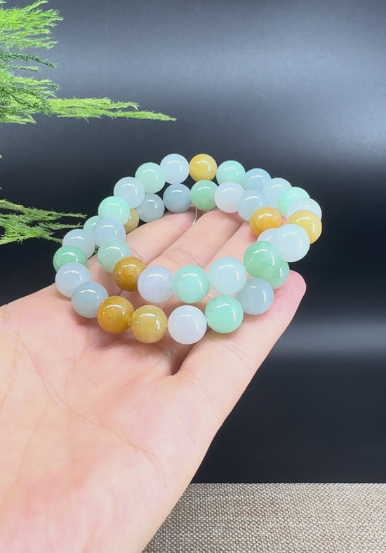 Load and play video in Gallery viewer, Natural Jadeite Jade  Round Multi-Colors Beads Bracelet ( 10 mm )
