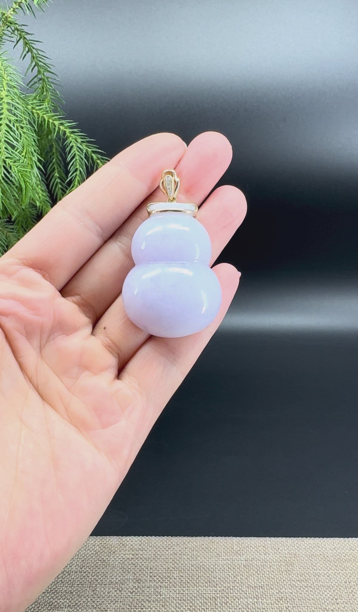 Genuine Lavender Jadeite Jade Hulu Necklace With 14K Yellow Gold Diamonds Bail