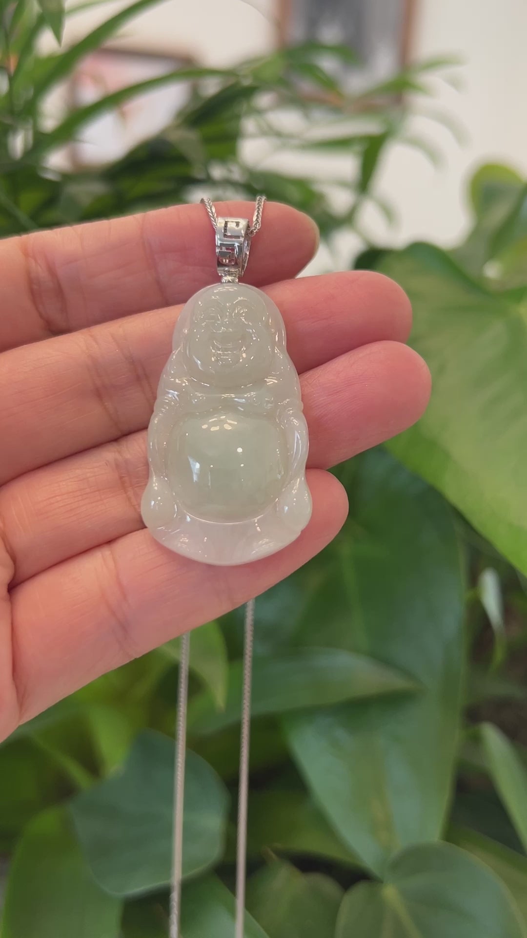 Load and play video in Gallery viewer, RealJade® Co. &amp;quot;Standing Buddha&amp;quot; Genuine Green Jadeite Buddha Pendant Necklace With Silver Bail
