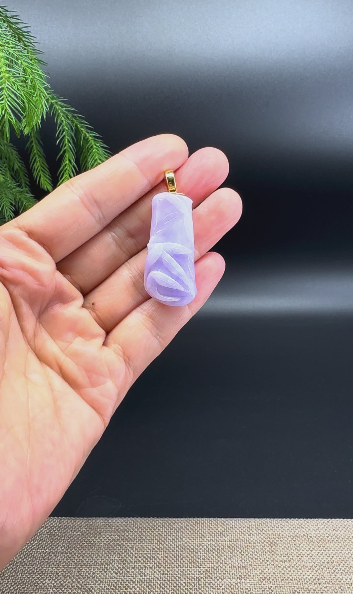 RealJade® Co. 18K Yellow Gold Genuine Burmese Lavender Jadeite Jade Bamboo Pendant