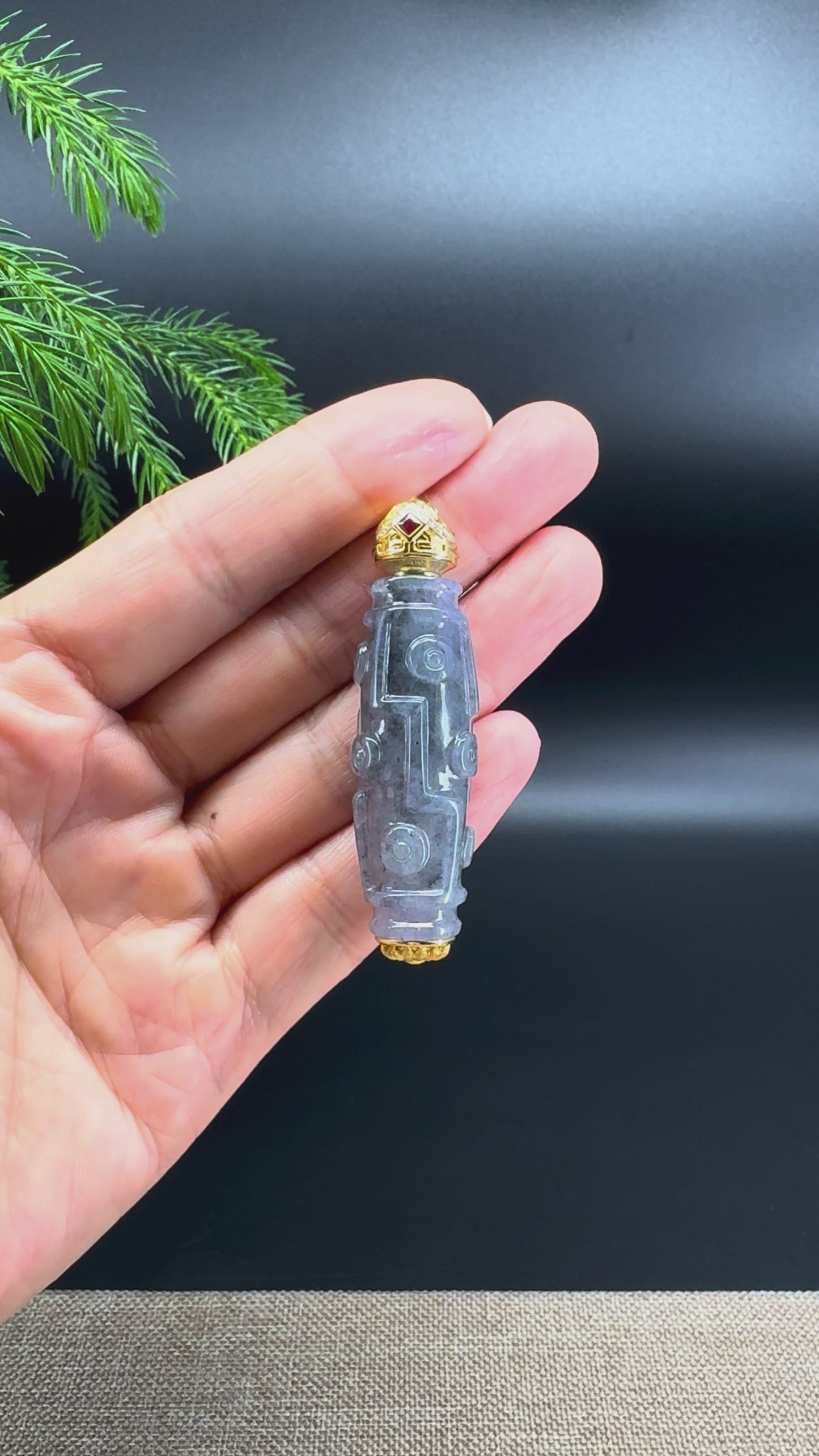 18k Yellow Gold Genuine Wuji Jadeite Jade 9-Eyed Dzi Bead Pendant Necklace With Diamonds
