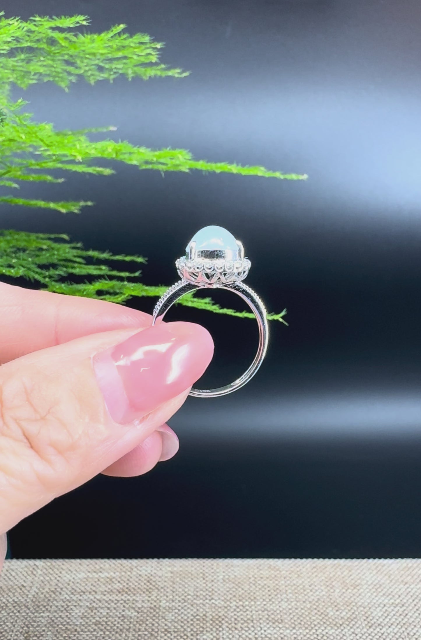 RealJade® "Amelie" 18k White Gold Natural Ice Jadeite Hulu Ring With Diamonds