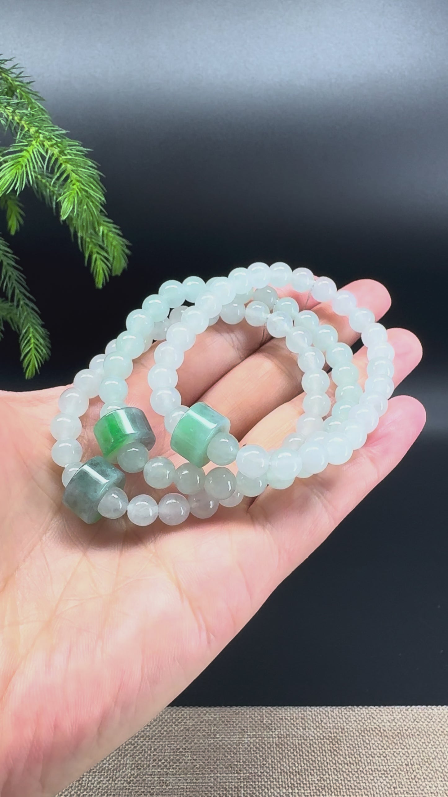 Load and play video in Gallery viewer, RealJade® Co. Genuine Jadeite Jade Light Green Round &amp;amp; &amp;quot;Lu Lu Tong&amp;quot; Beads Bracelet (7mm)
