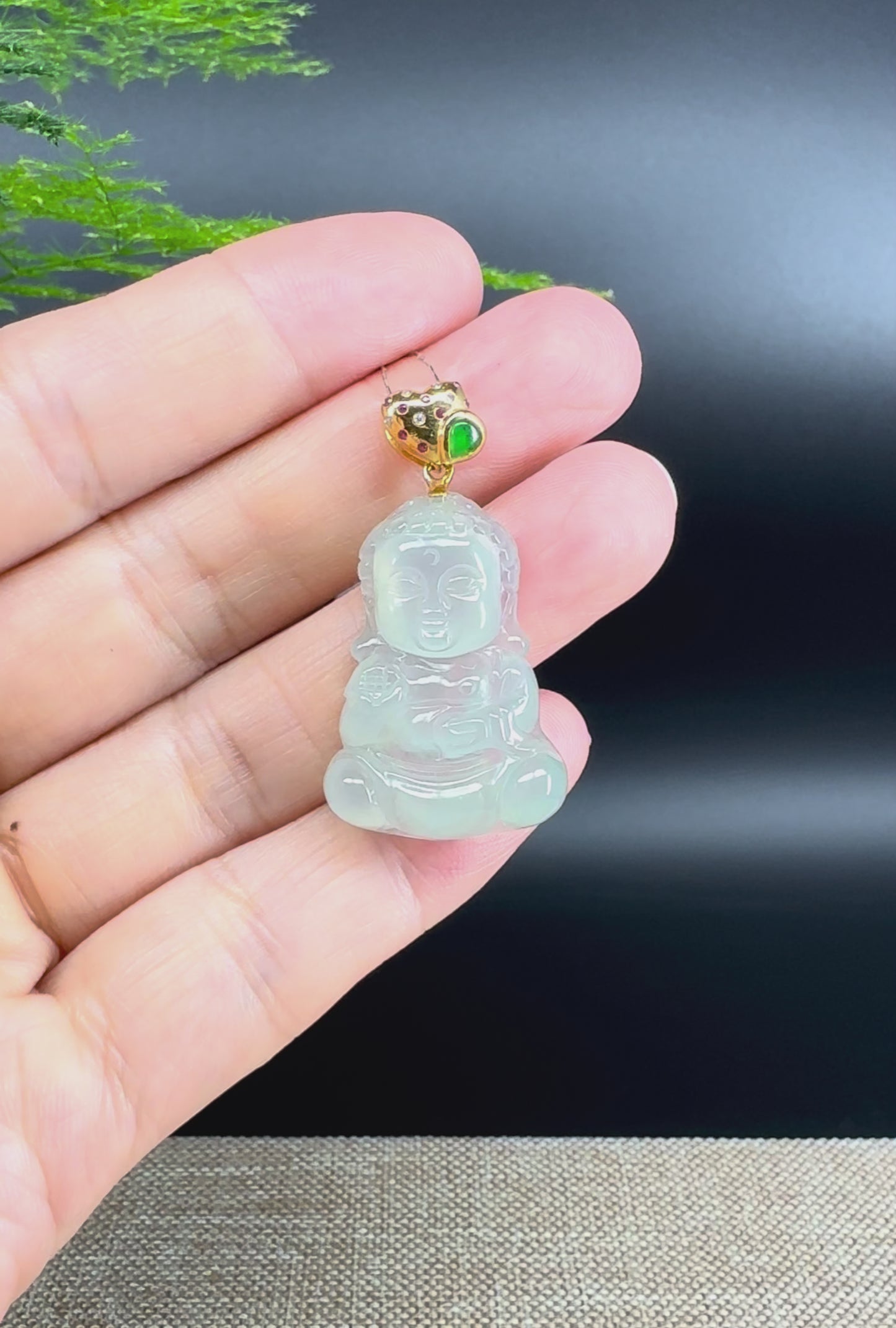 18K Yellow Gold Burmese Icy Green Jadeite Jade Happy Baby Buddha Pendant