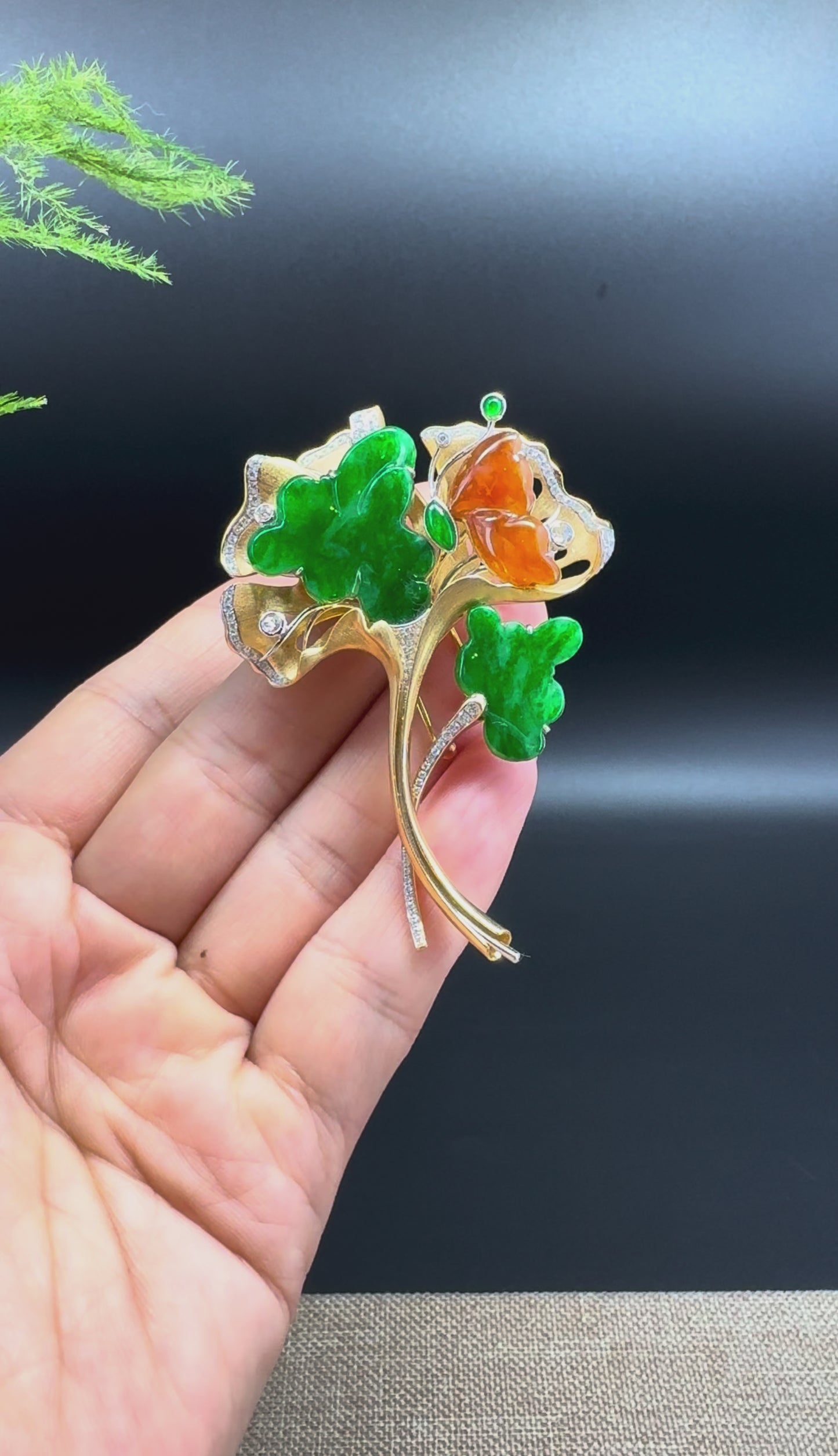 RealJade® "Ginkgo Leaf" 18K Yellow Gold Imperial Green & Red Jadeite Jade Brooch