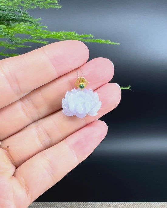 Load and play video in Gallery viewer, RealJade® Co. Genuine Lavender Jadeite Jade Good Lotus  Necklace With 18K Yellow Gold Bail
