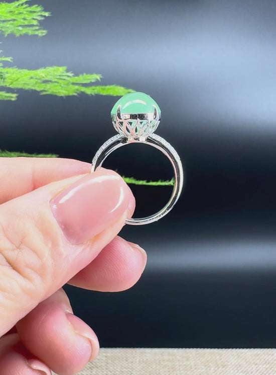 Load and play video in Gallery viewer, RealJade® Co. 18k White Gold Natural Icy Green Oval Jadeite Jade Engagement Ring With Diamonds
