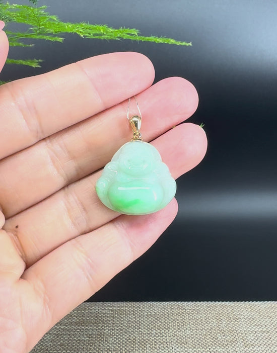 Load and play video in Gallery viewer, 18K Yellow Gold Burmese Green Jadeite Jade Happy Buddha Pendant
