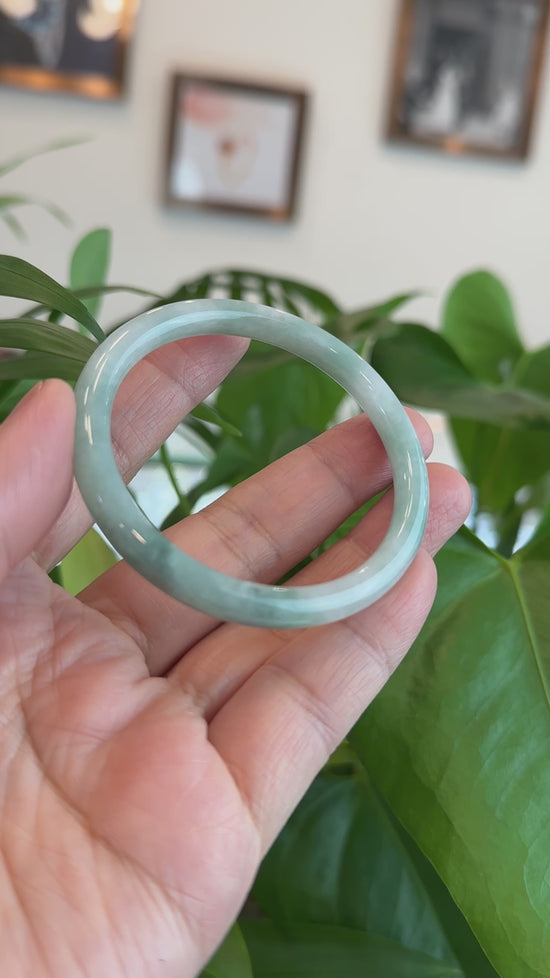 Load and play video in Gallery viewer, RealJade® Co. &amp;quot;Petite&amp;quot; Natural Burmese Blue-green Jadeite Jade Bangle Bracelet (54.30 mm) #T044
