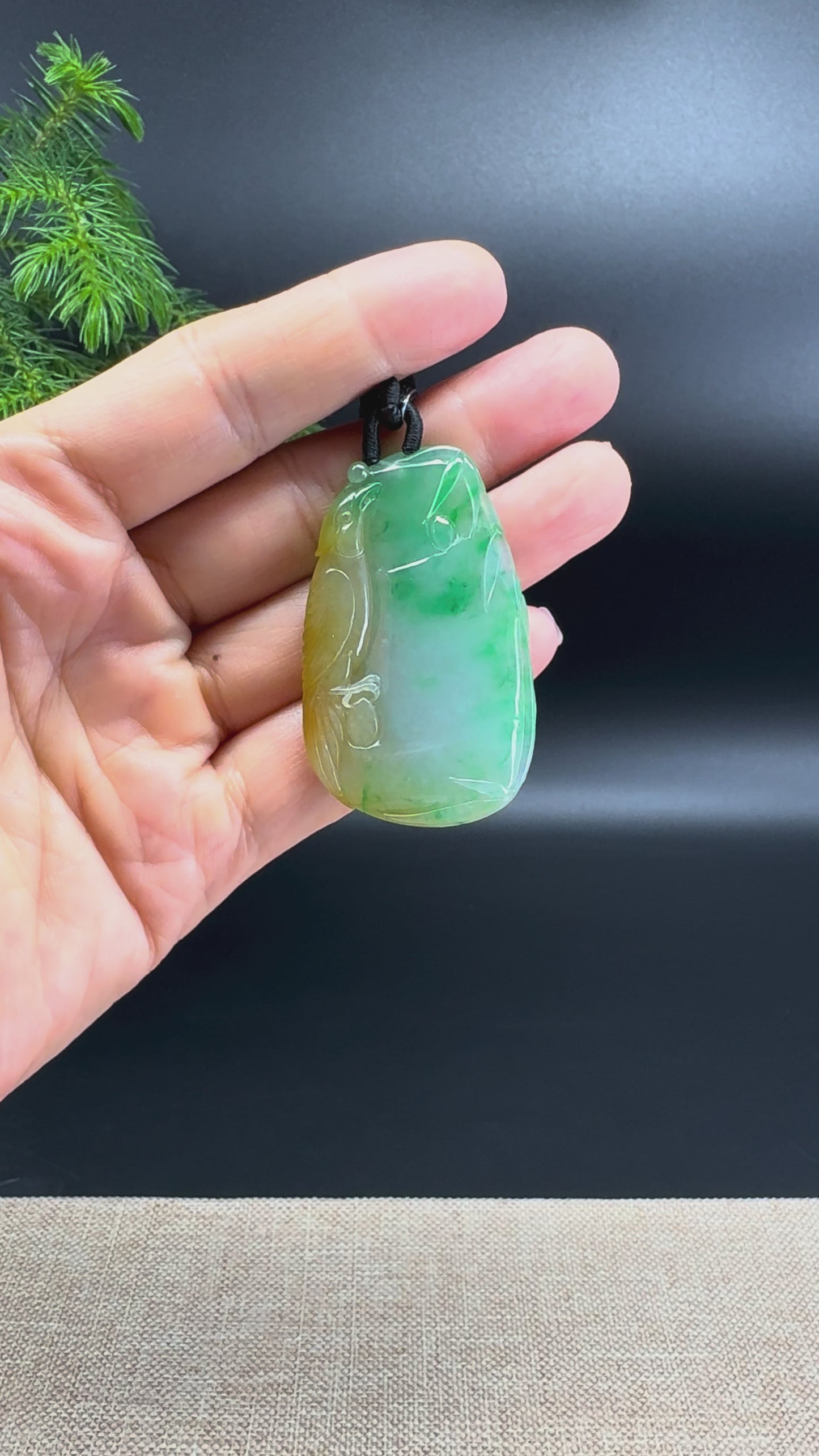 RealJade® Co. Natural Yellow & Spicy Green Jadeite Jade Paradise Flycatcher & Bamboo Pendant
