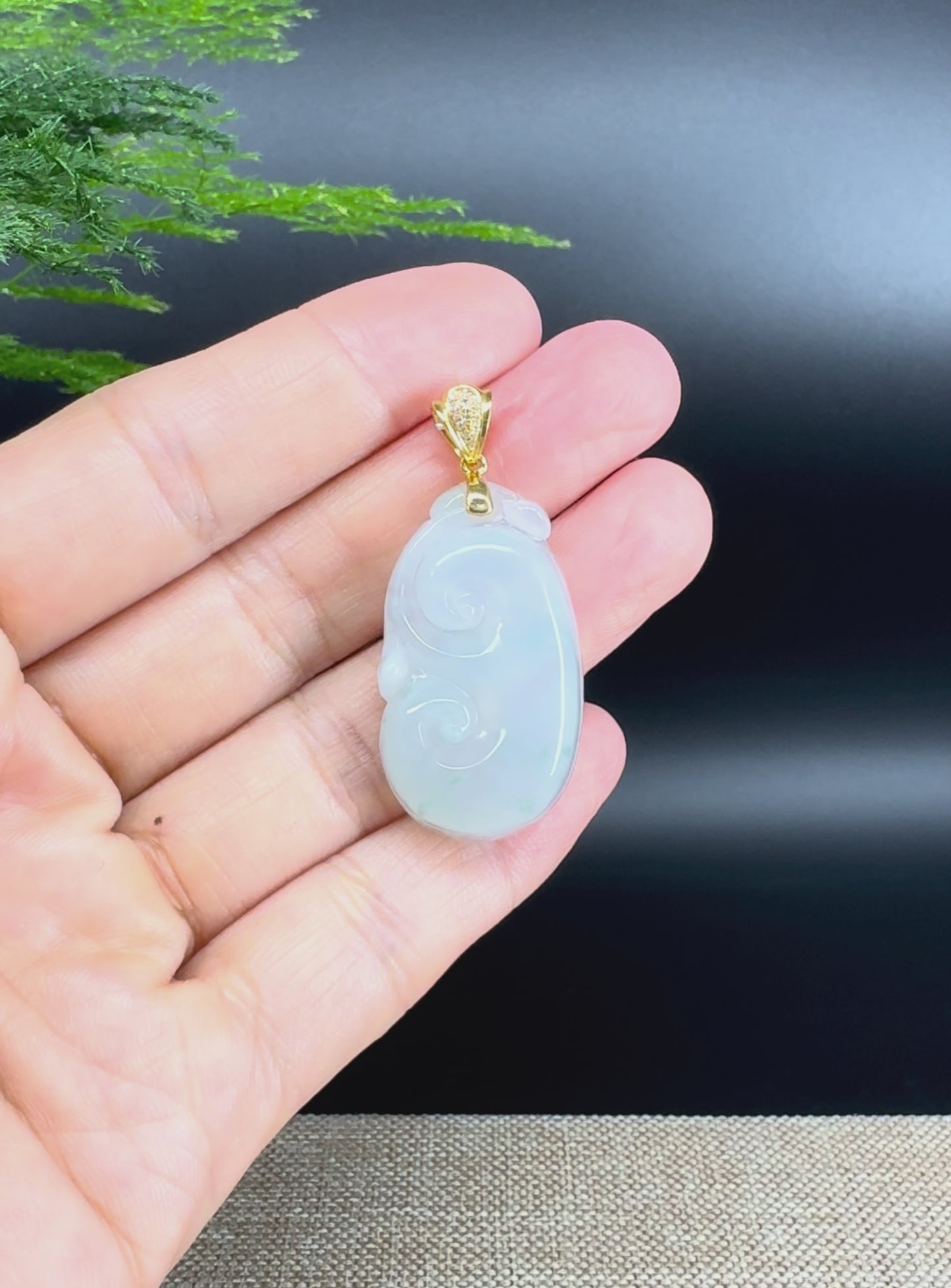 RealJade® Co. Genuine Icy green Jadeite Jade Good Luck RuYi Necklace With 18K Yellow Gold Bail