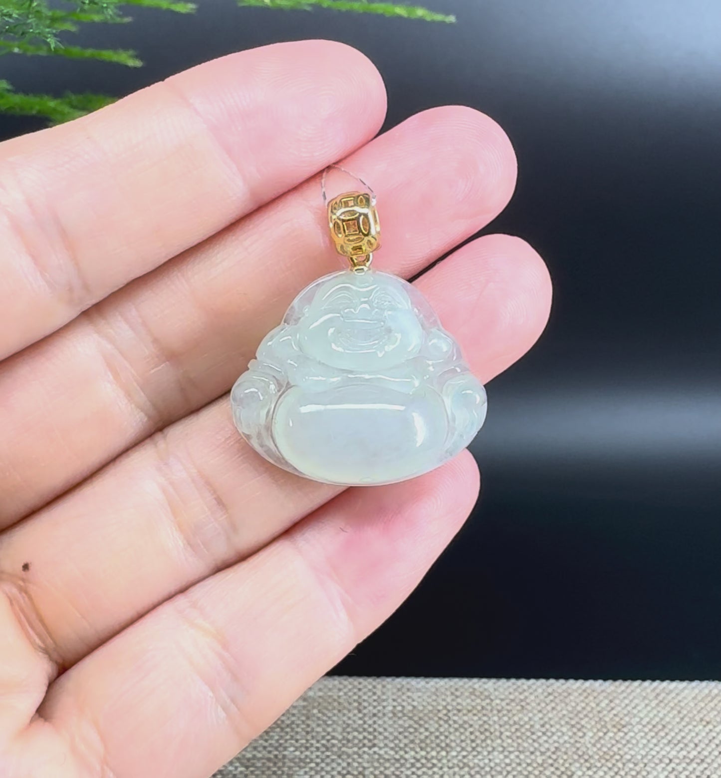 Load and play video in Gallery viewer, 18K Yellow Gold Burmese Icy Green Jadeite Jade Happy Buddha Pendant

