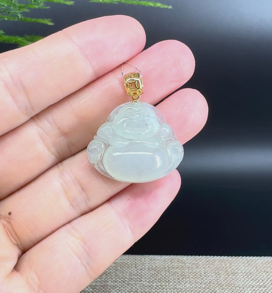Load and play video in Gallery viewer, 18K Yellow Gold Burmese Icy Green Jadeite Jade Happy Buddha Pendant
