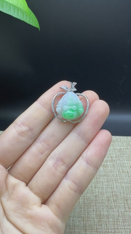 Load and play video in Gallery viewer, RealJade® &amp;quot;Laughing Buddha&amp;quot; 18k White Gold Genuine Ice Green Jadeite Jade Pendant
