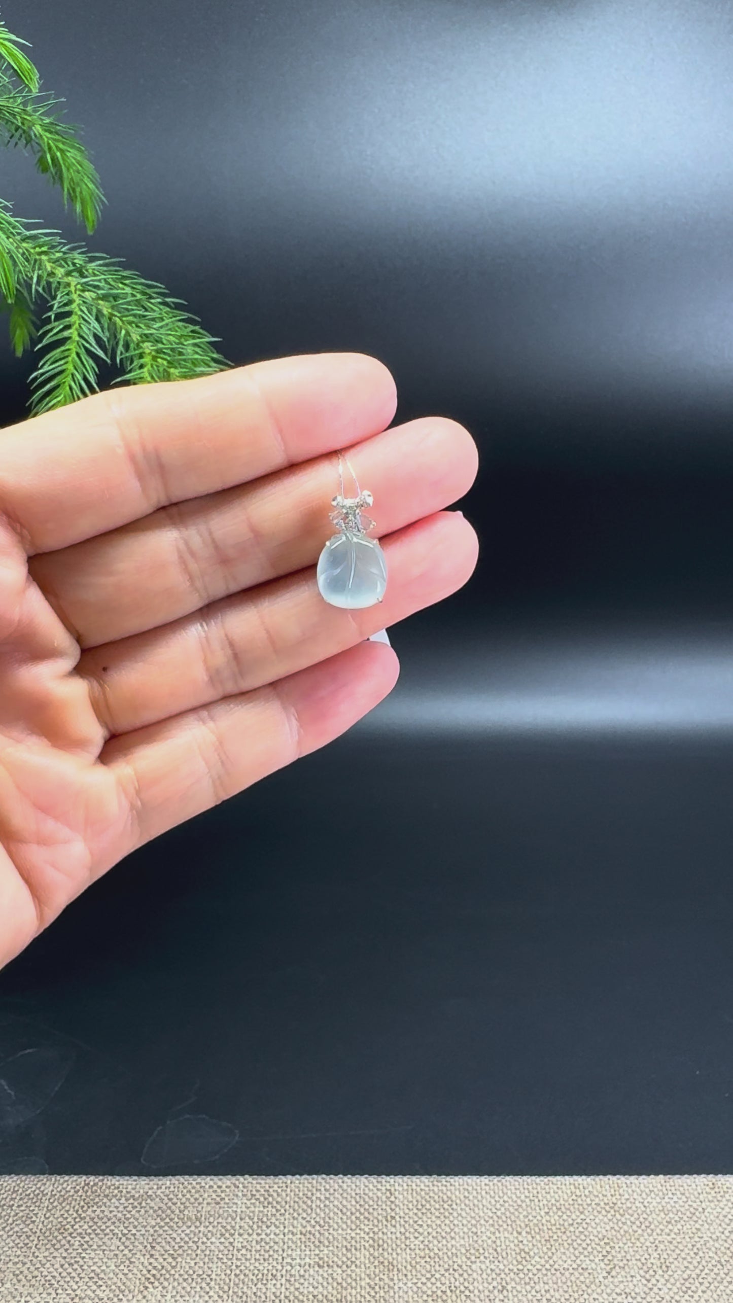 RealJade® Co. Genuine Icy Jadeite Jade Jin Zhi Yu Ye (Mini Leaf) Necklace With 18K White Gold Diamonds Bail