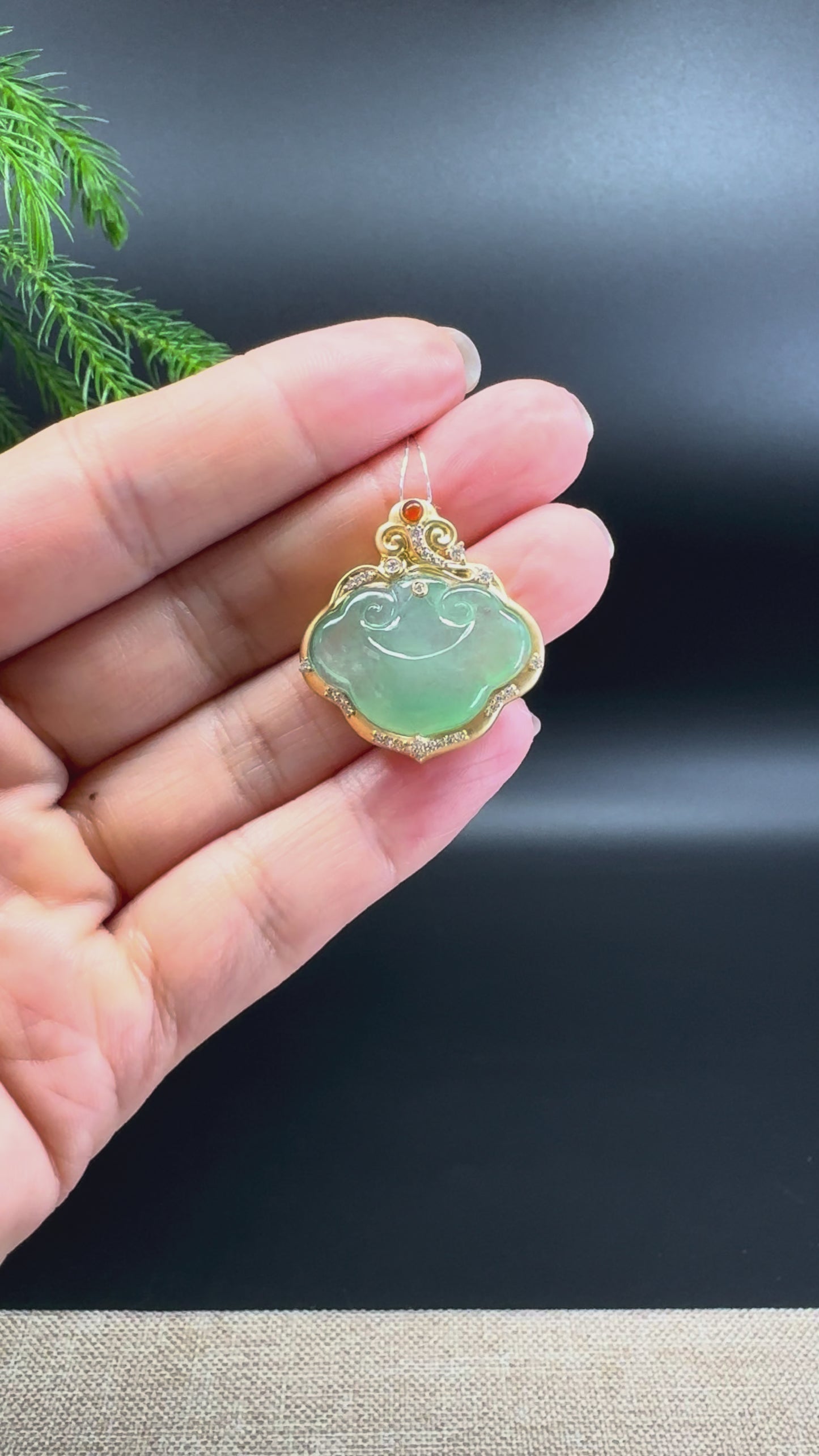 RealJade® Co. Genuine Light Green Jadeite Jade Ru Yi Pendant with 18k Yellow Gold Diamond Bail