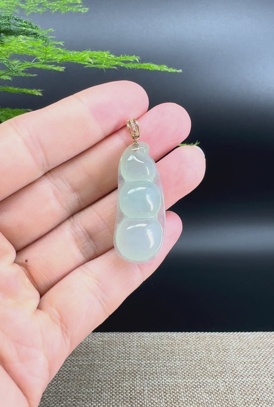 Load and play video in Gallery viewer, RealJade® Co. Genuine Ice Green Jadeite Jade Bean Necklace With 18K Rose Gold Bail
