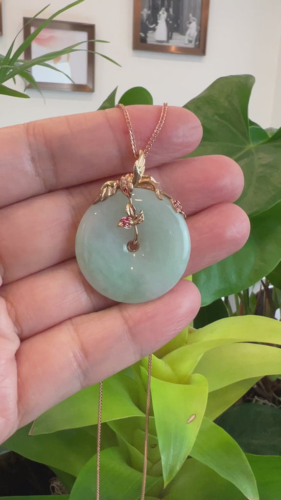Load and play video in Gallery viewer, 18k Rose Gold Genuine Burmese Jadeite Lucky Kou Kou Pendant Necklace With AA Ruby
