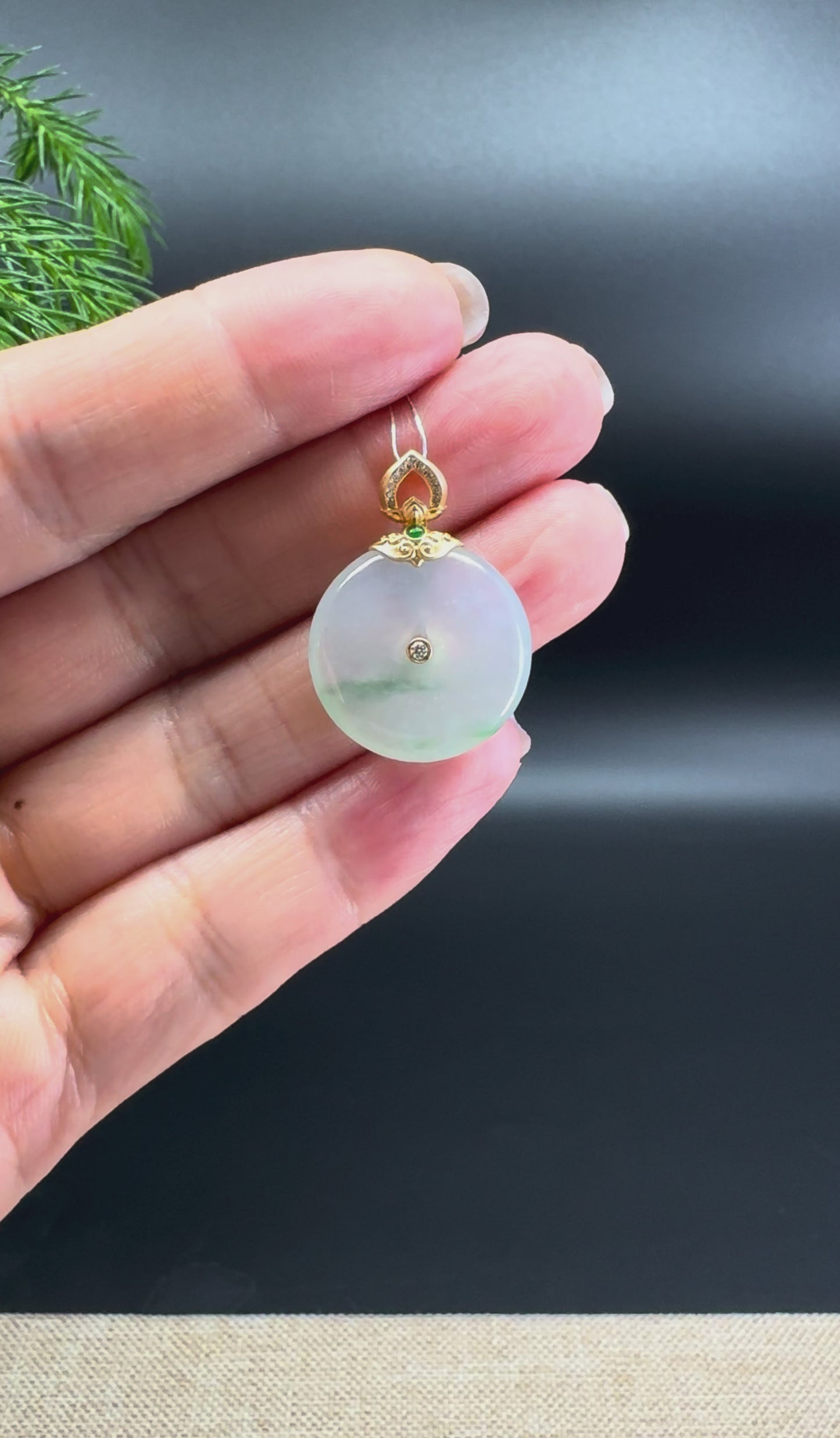 "Good Luck Button" Icy Green Jadeite Jade Lucky KouKou Pendant With 18K Yellow Gold Bail