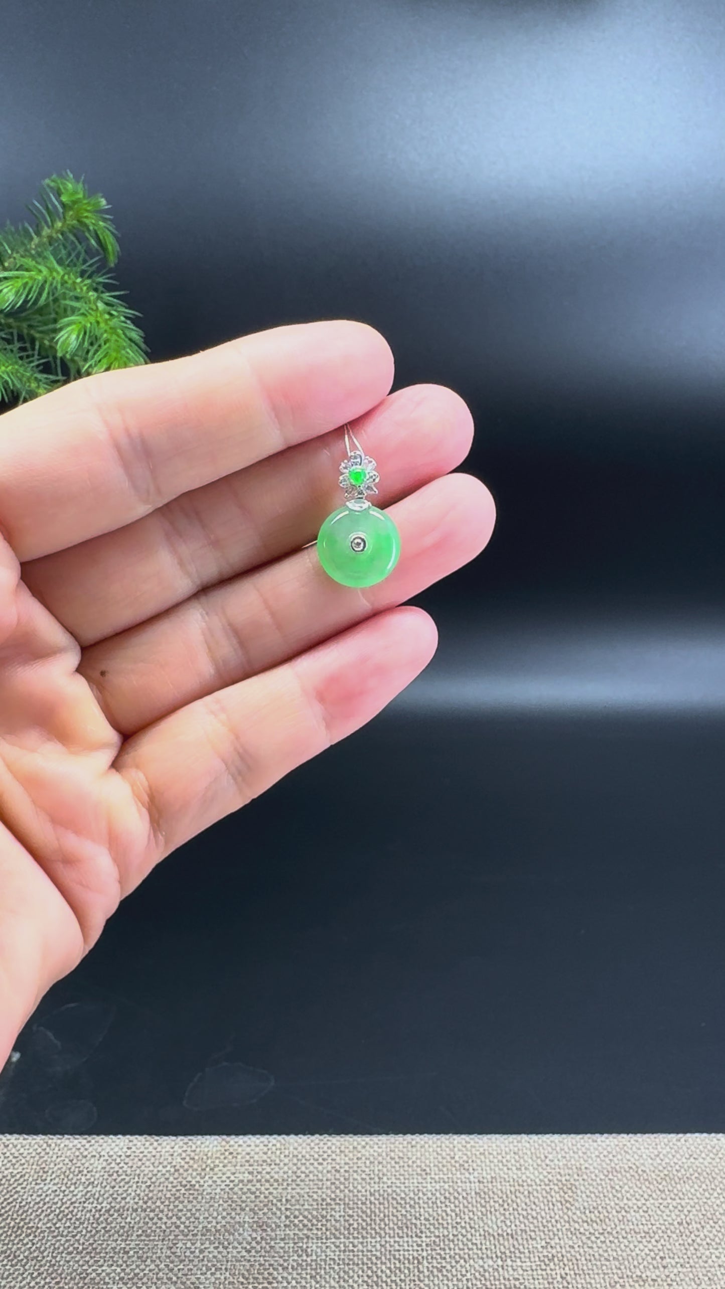 "Good Luck Button" Green Jadeite Jade Mini Lucky KouKou Pendant With 18K White Gold Bail