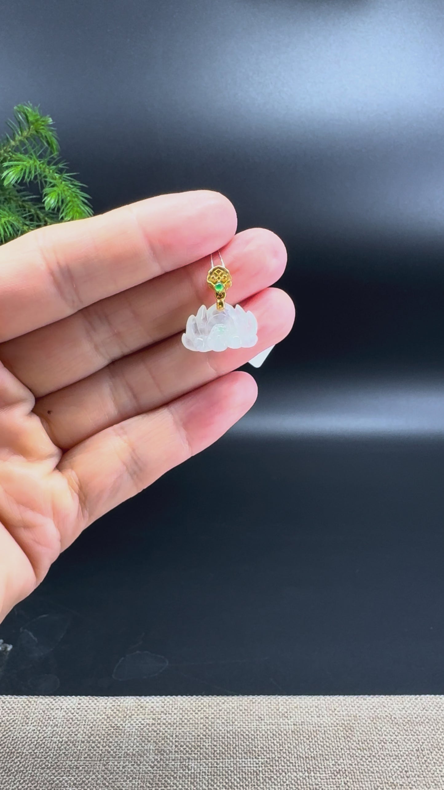 Natural 18K Yellow Gold Burmese Icy White Jadeite Jade Mini Lotus Pendant Necklace