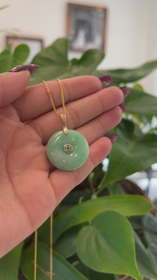 Load and play video in Gallery viewer, &amp;quot;Good Luck Button&amp;quot; Lavender Jadeite Jade Lucky KouKou Pendant With 14K Yellow Gold  Diamond Bail
