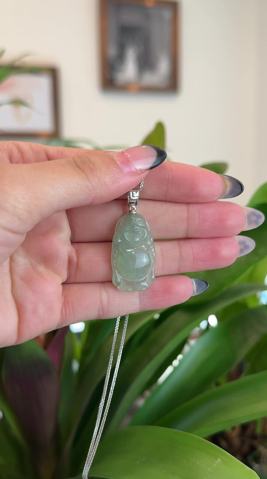 Load and play video in Gallery viewer, Sterling Silver &amp;quot;Laughing Buddha&amp;quot; Genuine Green Jadeite Buddha Pendant Necklace
