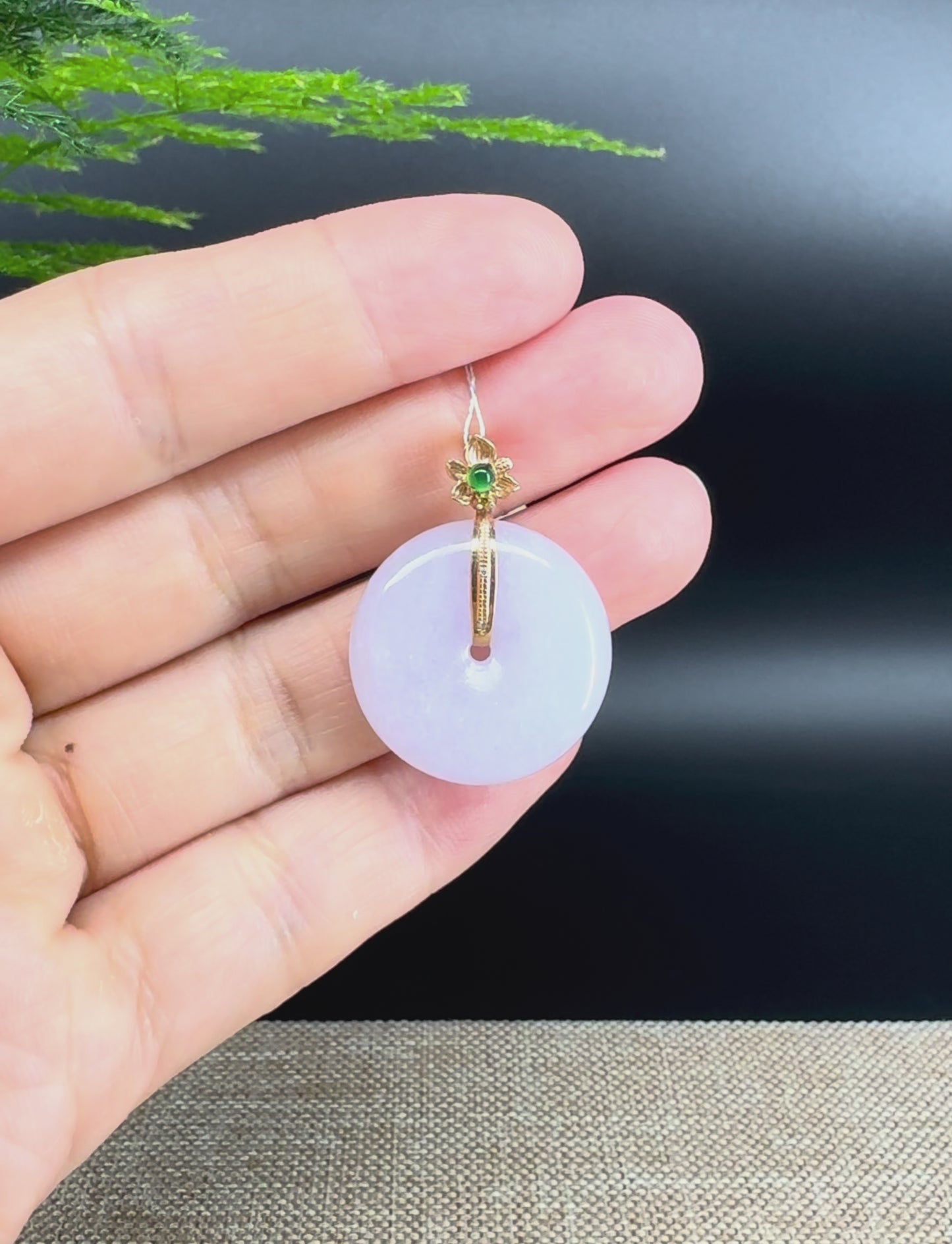 Load and play video in Gallery viewer, &amp;quot;Good Luck Button&amp;quot;Lavender Jadeite Jade Lucky KouKou Pendant With 18K Yellow Gold Bail
