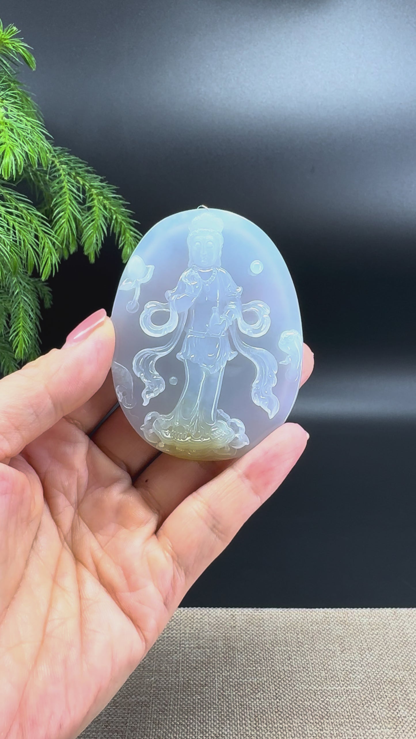 RealJade® Co. Natural Light Blue Lavender Jadeite Jade Guanyin Pendant