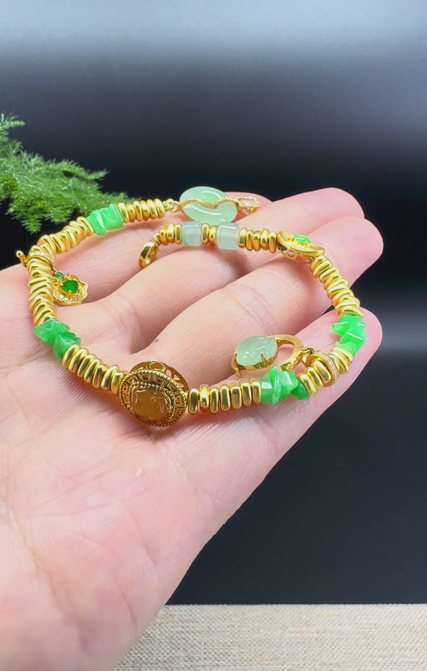 Load and play video in Gallery viewer, 18K Yellow Gold &amp;amp; Imperial Jadeite Jade Bracelet with Unique Charms
