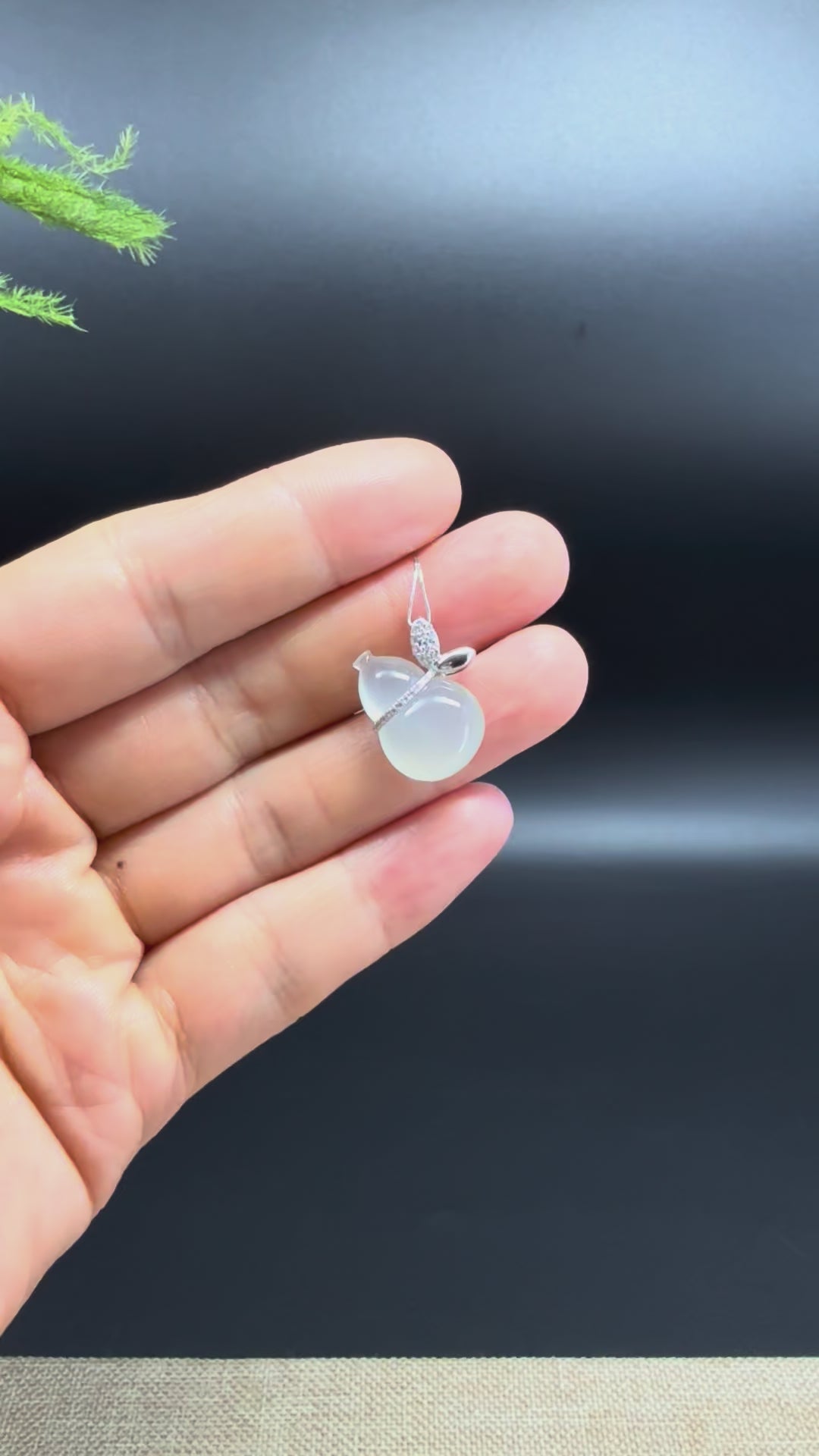 Genuine Icy Jadeite Jade Good Luck Hulu Necklace With 18K White Gold Diamonds Bail