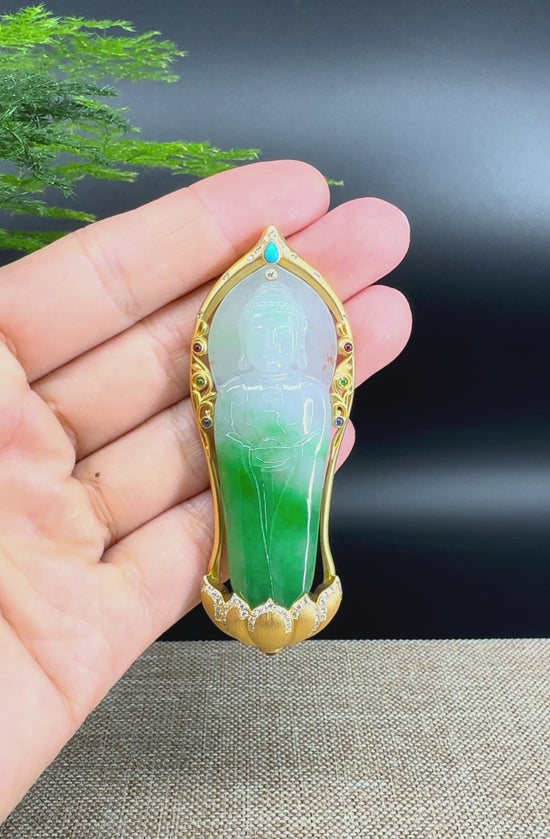 Load and play video in Gallery viewer, High-end 18K Yellow Gold Burmese White Green Jadeite Jade Guanyin Pendant with Diamond
