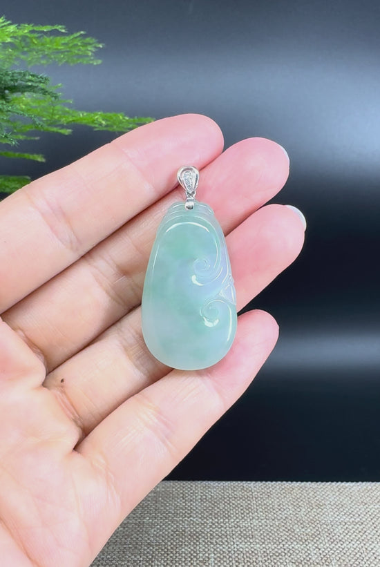 Load and play video in Gallery viewer, RealJade® Co. Genuine Icy Green Jadeite Jade Good Luck RuYi Necklace With 18K  White Gold Bail
