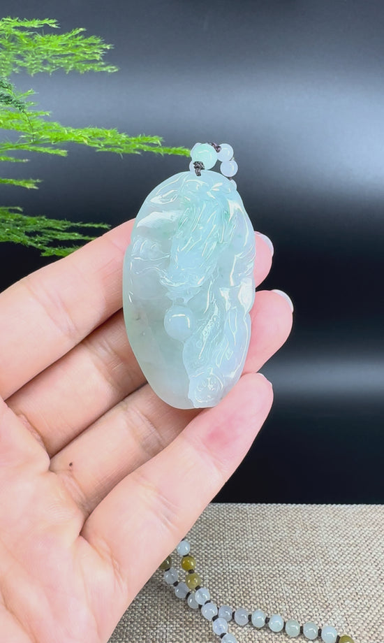 Load and play video in Gallery viewer, RealJade® Co. Genuine Burmese Jadeite Jade Ice Blue Dragon Pendant Necklace
