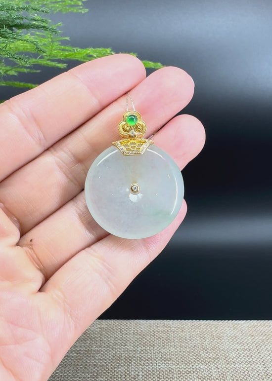Load and play video in Gallery viewer, &amp;quot;Good Luck Button&amp;quot; Icy Green Jadeite Jade Lucky KouKou Pendant With 18K Yellow Gold Diamonds Bail
