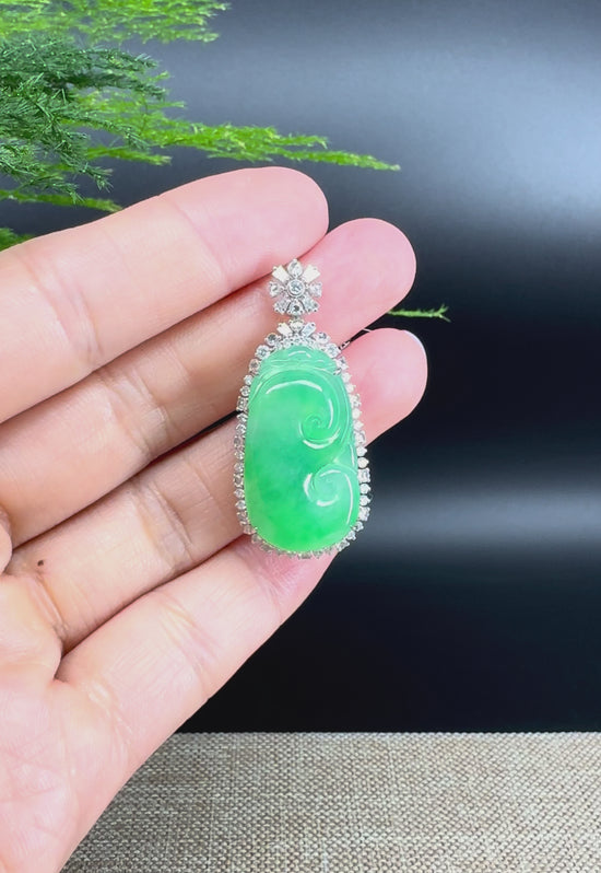 Load and play video in Gallery viewer, RealJade® Co. Genuine Burmese Green Jadeite Jade RuYi Pendant with 18k White Gold Diamond Bail
